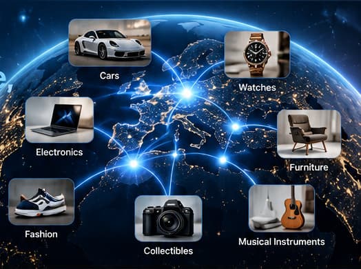 Glowing globe linking cars, watches, electronics, furniture, fashion, collectibles and musical instruments
